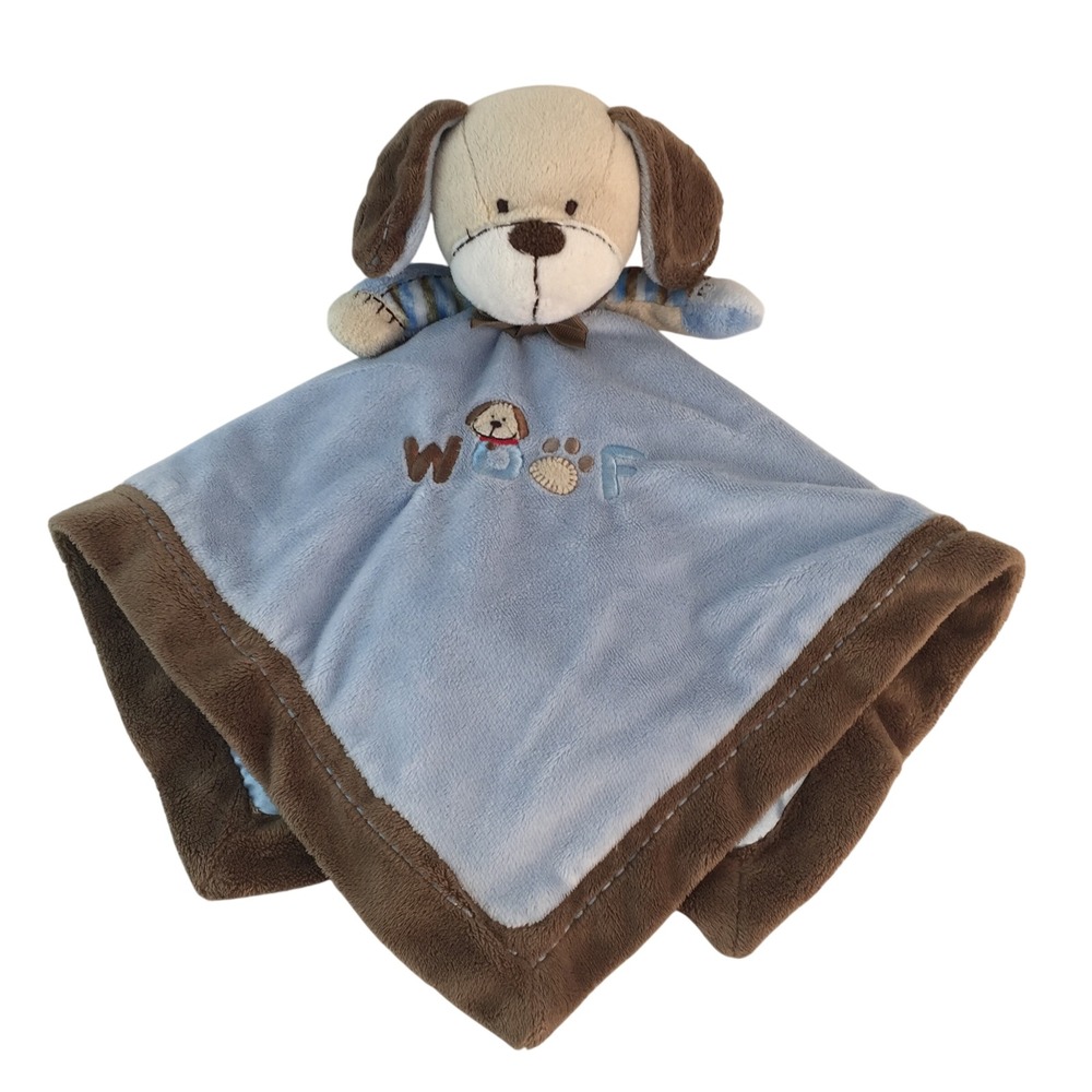 Carters Puppy Dog Lovey‎ 16" Security Blanket Blue Brown Woof Satin Back Rattle